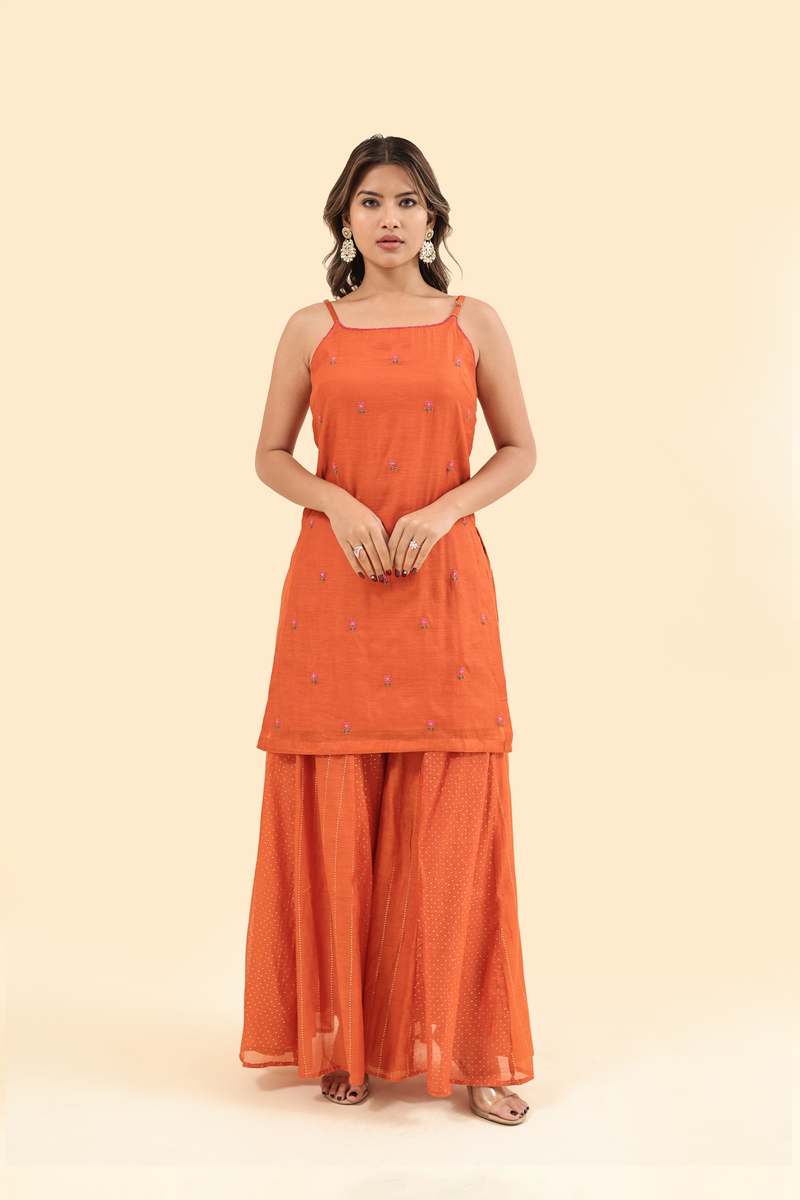 Chanderi Hand Embroidery Kurta - Orange