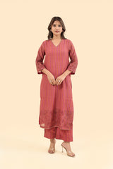 Chanderi Hand Block Printed V Neck Kurta - Pink