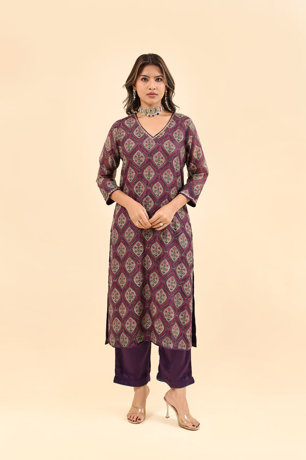 Cotton Hand Block Printed Embroidered Kurta - Purple