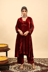 Velvet Hand Work Kurta - Red