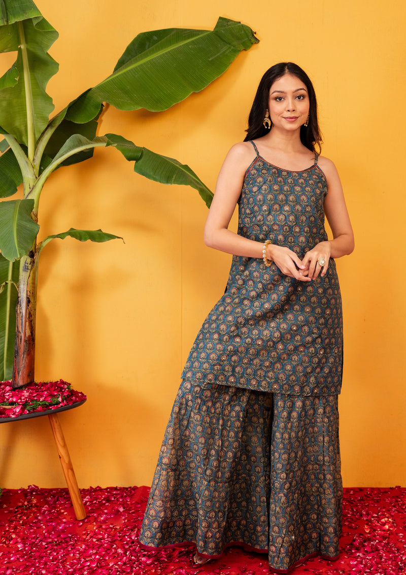 Cotton Block Printed Hand Embroidery Kurta - Blue