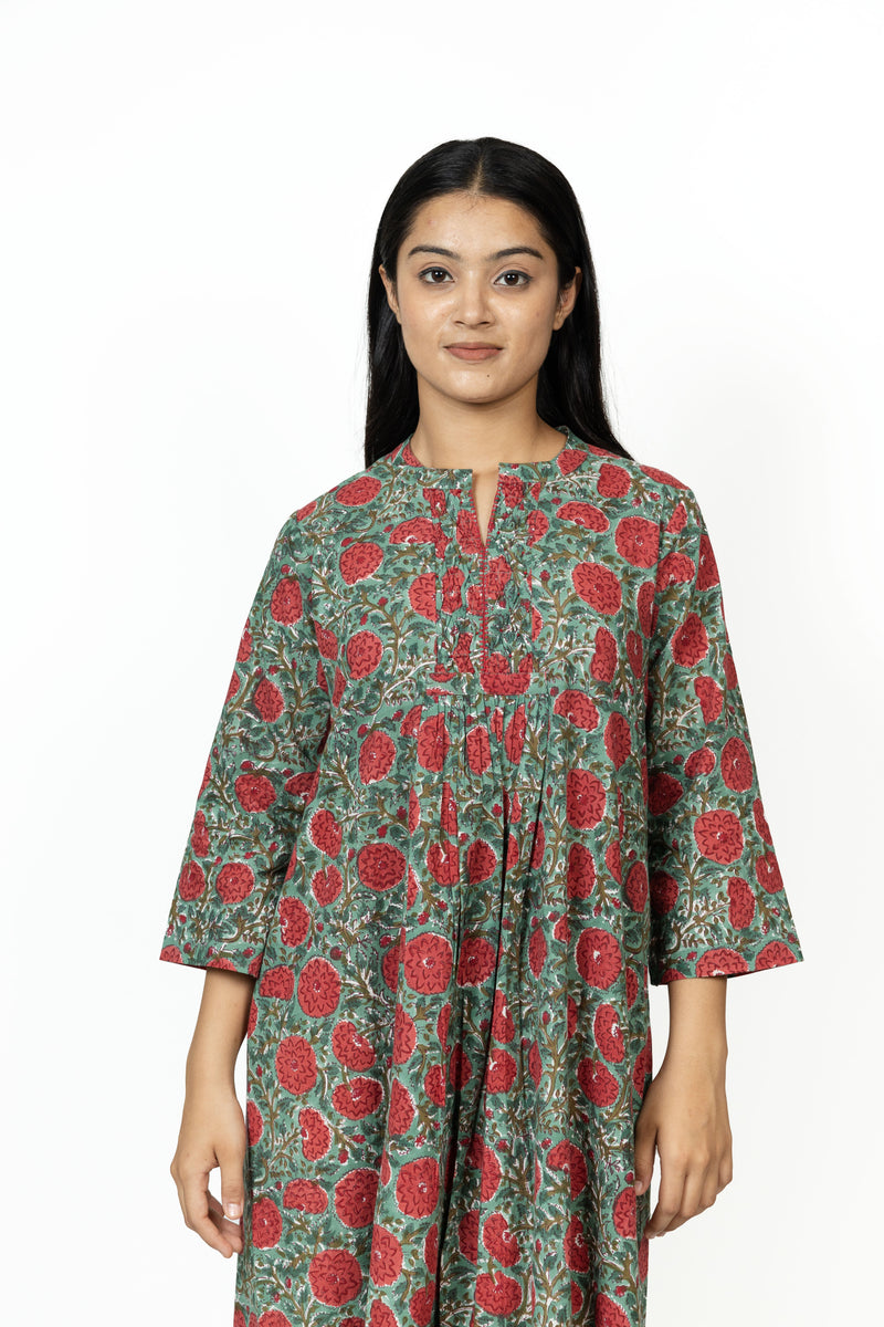 Cotton Hand Block Printed Dress - Green