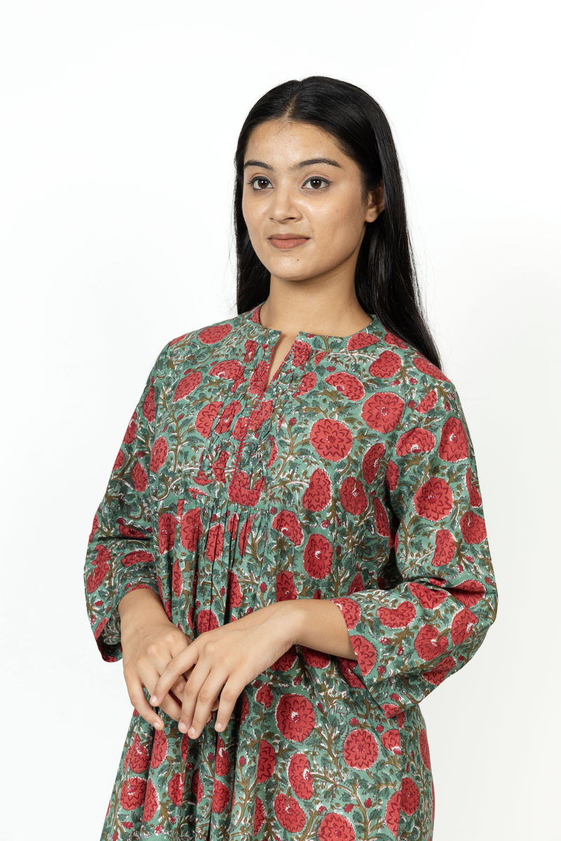 Cotton Hand Block Printed Dress - Green