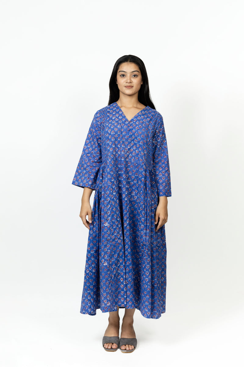 Cotton Hand Block Printed Dress- Blue