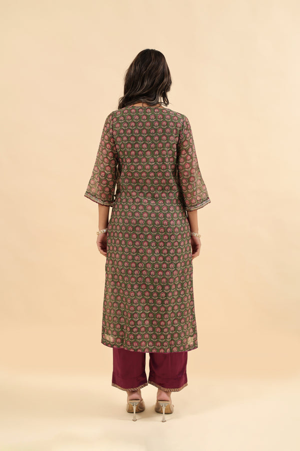 Chanderi Hand Block Printed V Neck Kurta - Green