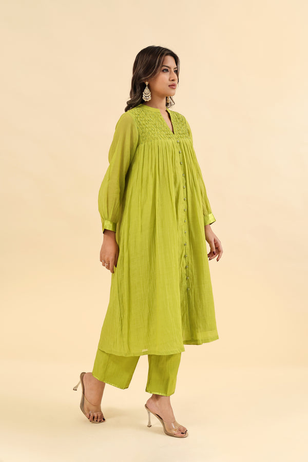 Chanderi Hand Embroidered Kurta - Green