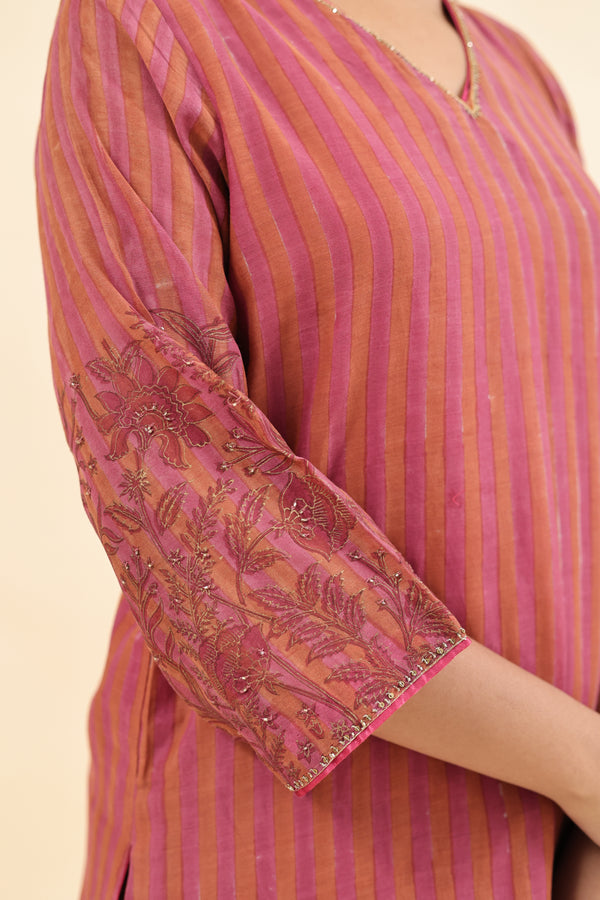 Chanderi Hand Block Printed V Neck Kurta - Pink