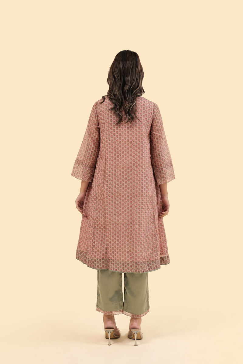 Chanderi Hand Block Printed Embroidered Kurta - Pink