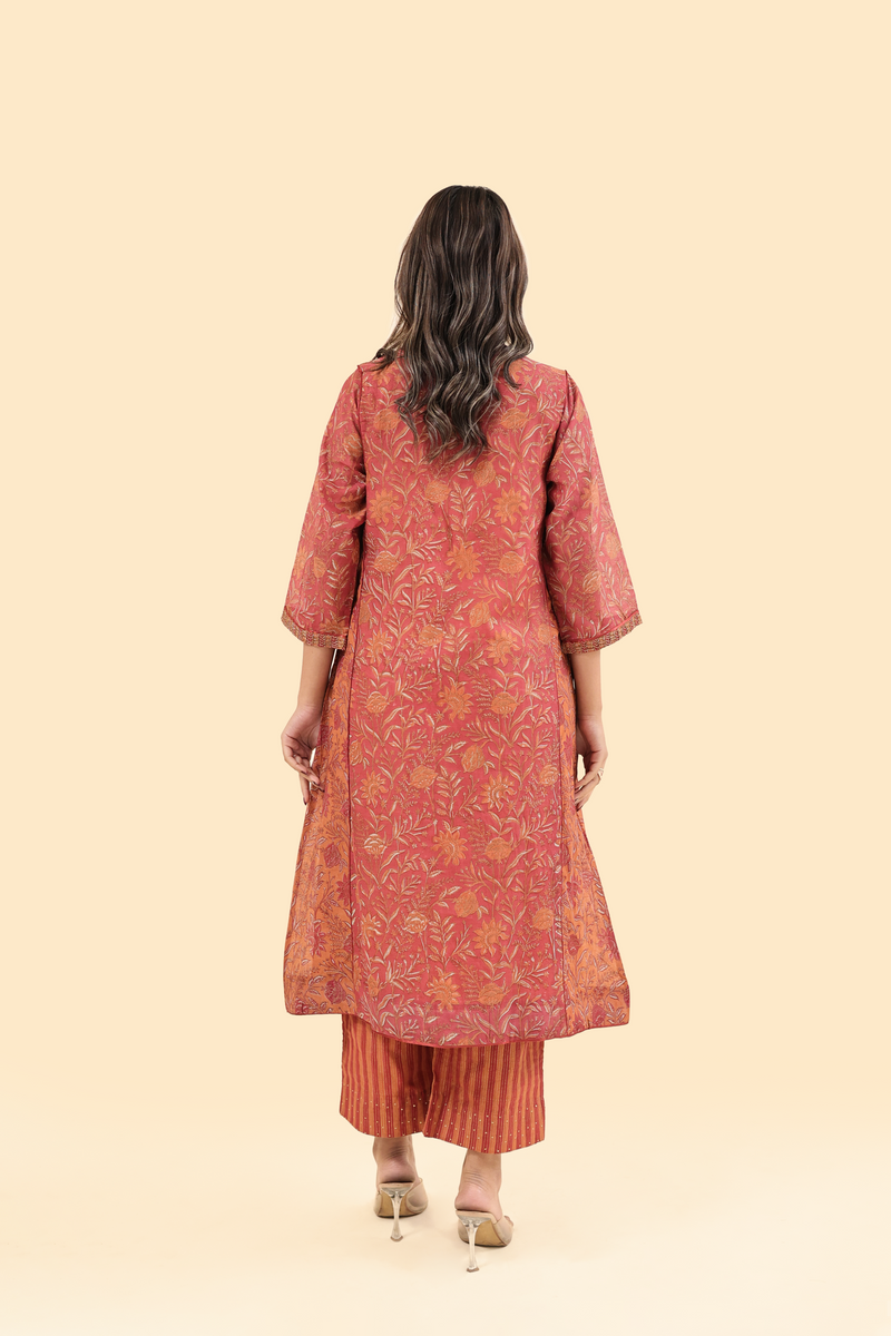 Chanderi Hand Block Printed Embroidered V Neck Kurta - Orange