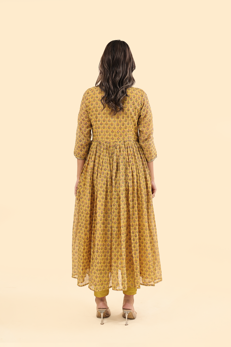 Chanderi Hand Block Printed Embroidered Kurta - Yellow