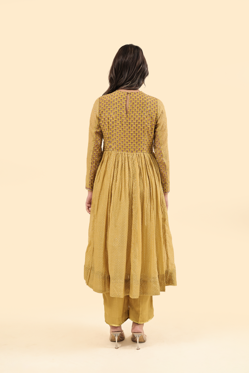 Chanderi Hand Block Printed Embroidered Kurta - Yellow