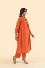 Chanderi Hand Embroidered Kurta - Orange