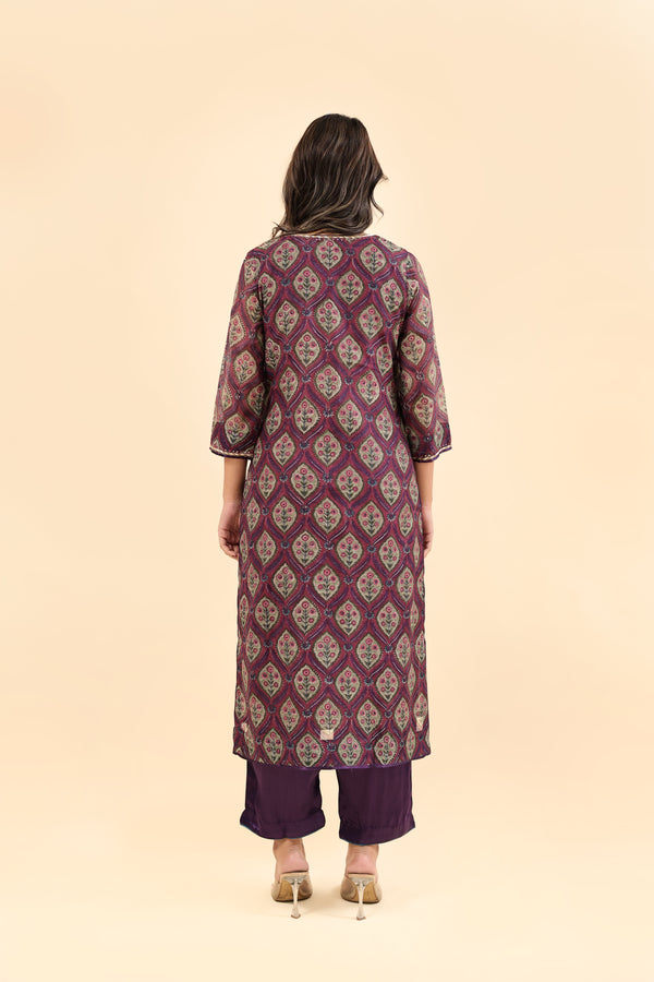 Cotton Hand Block Printed Embroidered Kurta - Purple