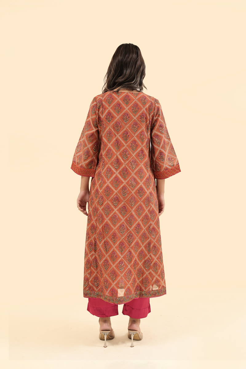 Chanderi Hand Block Printed V Neck Kurta - Orange