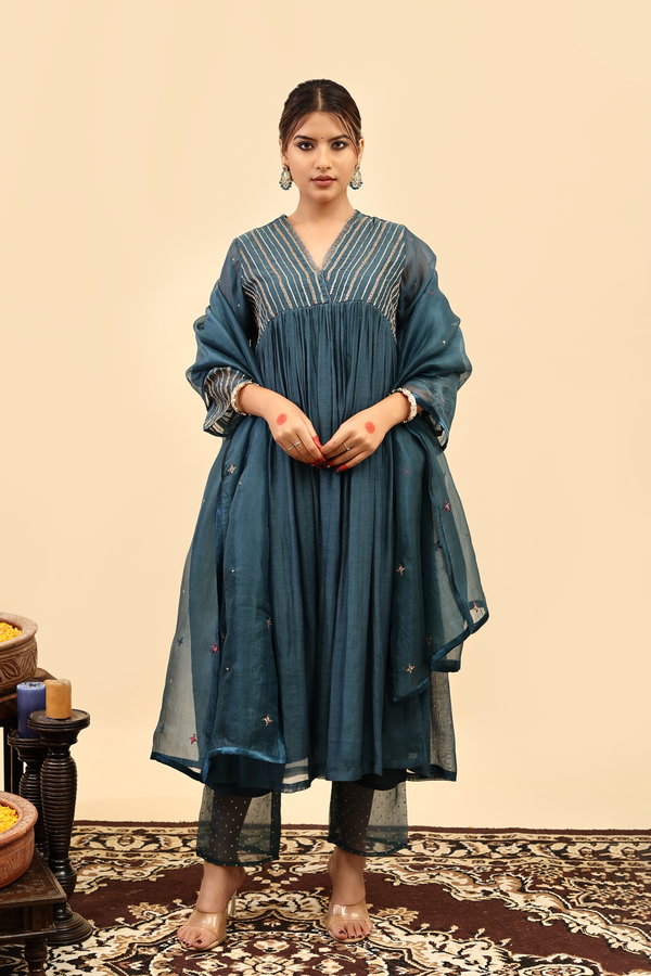 Chanderi Hand Work Kurta - Blue