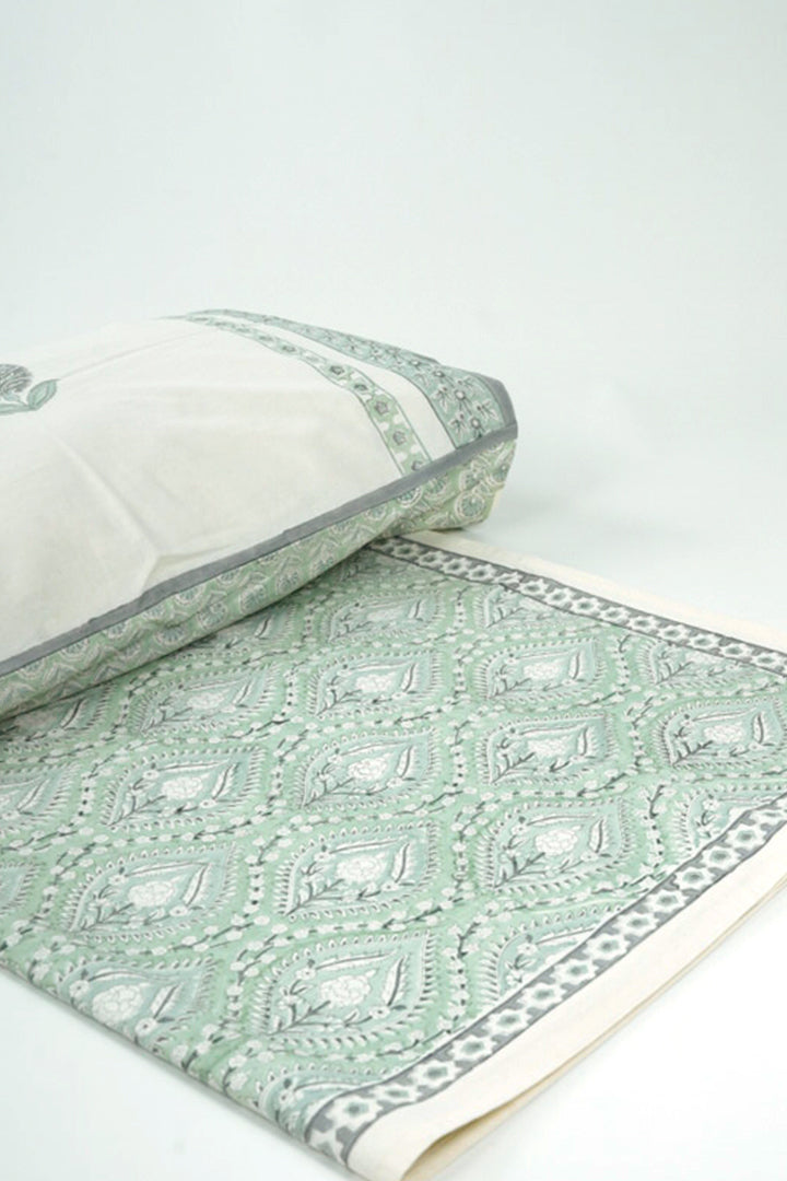 Cotton Hand Block Printed Bedsheet - Light Green