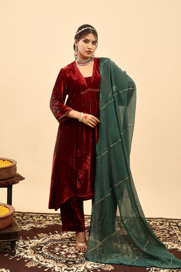 Velvet Hand Work Kurta - Red