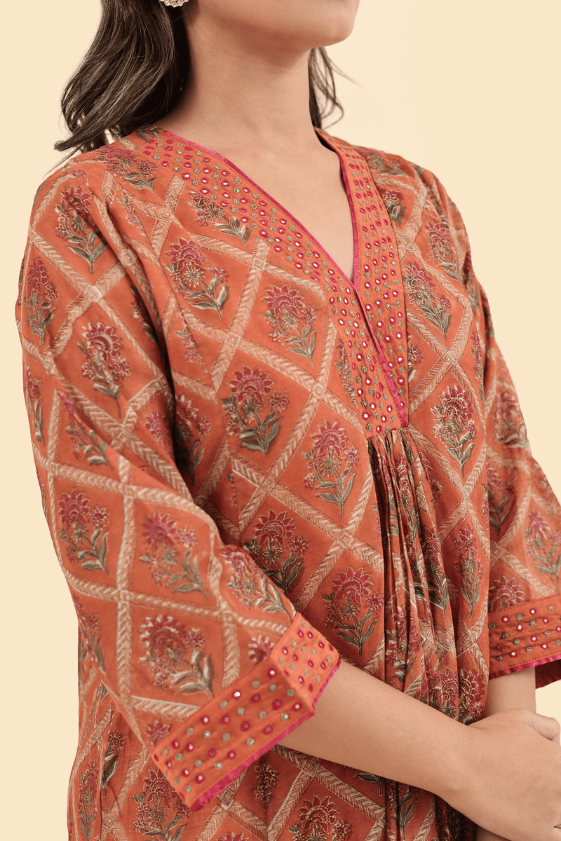 Chanderi Hand Block Printed V Neck Kurta - Orange