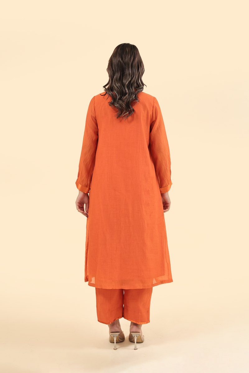 Chanderi Hand Embroidered Kurta - Orange