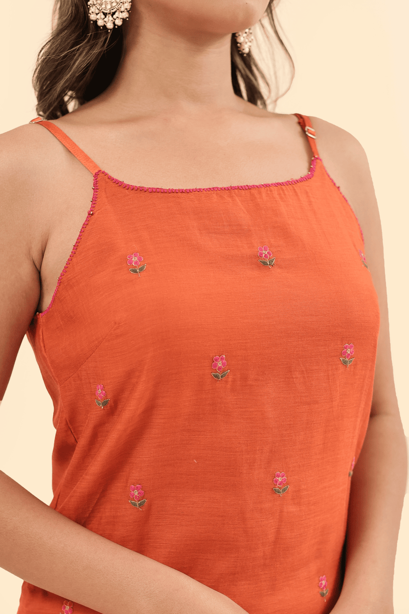 Chanderi Hand Embroidery Kurta - Orange