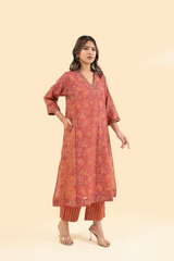 Chanderi Hand Block Printed Embroidered V Neck Kurta - Orange