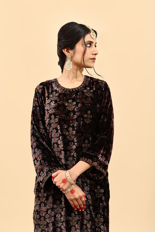 Velvet Ajrakh Print Hand Work Kurta - Black