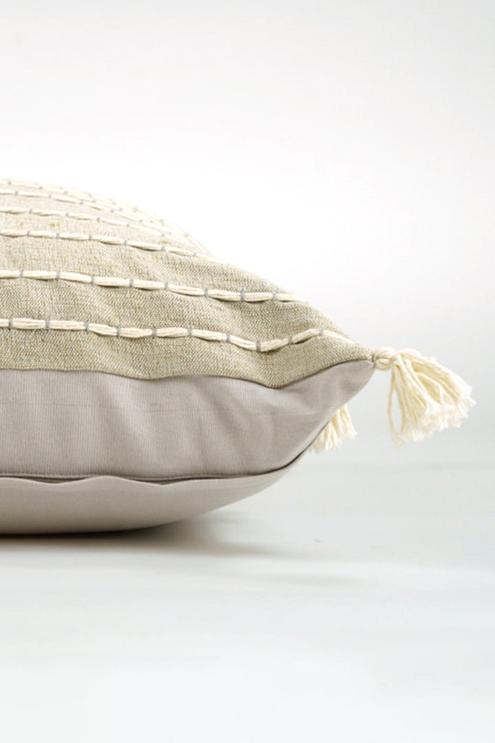 Jute Cotton Cord Embroidered Cushion - Beige