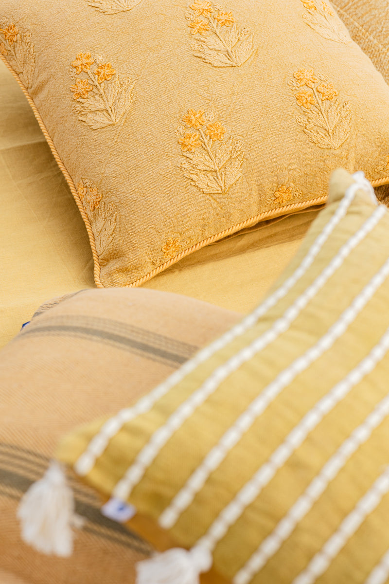 Jute Cotton Cord Embroidered Cushion - Mustard