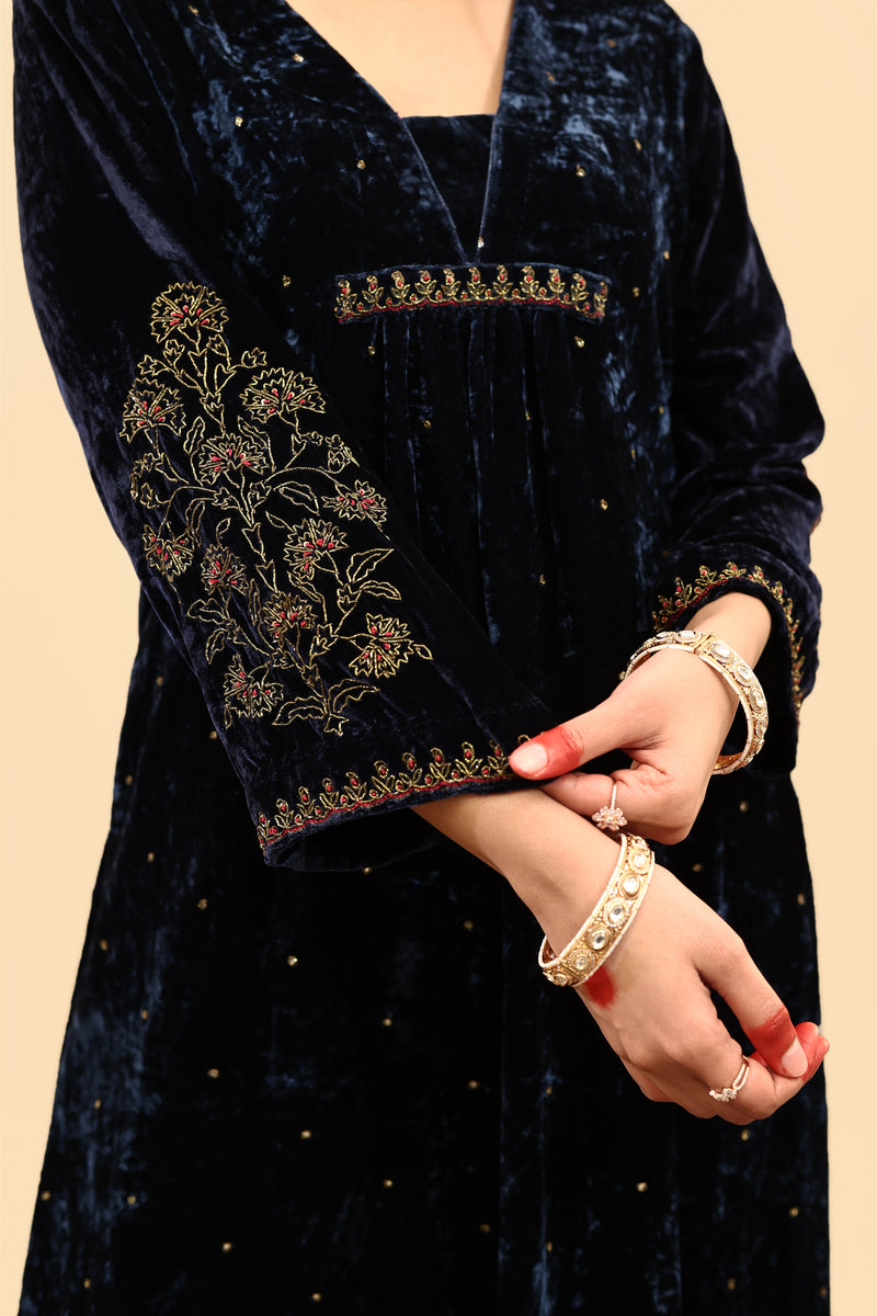 Velvet Hand Work Kurta - Blue