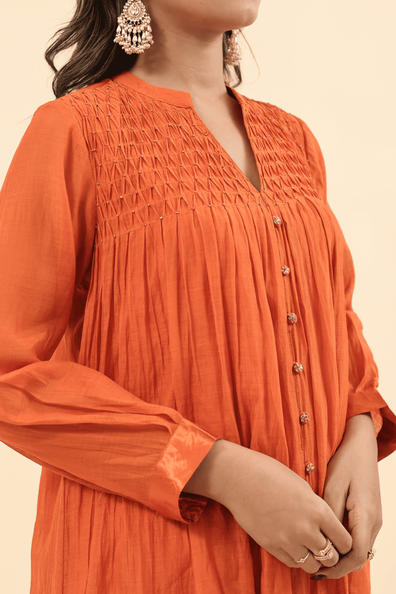 Chanderi Hand Embroidered Kurta - Orange