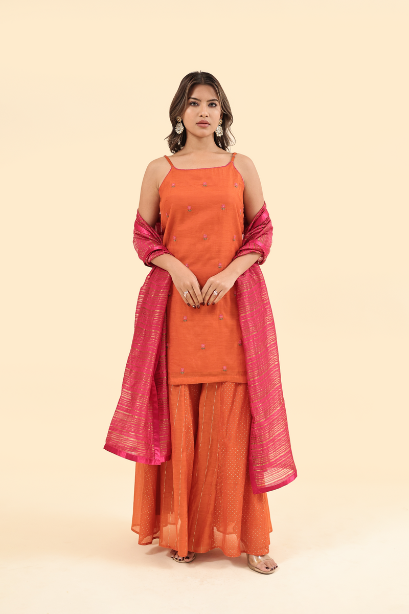 Chanderi Hand Embroidery Kurta - Orange