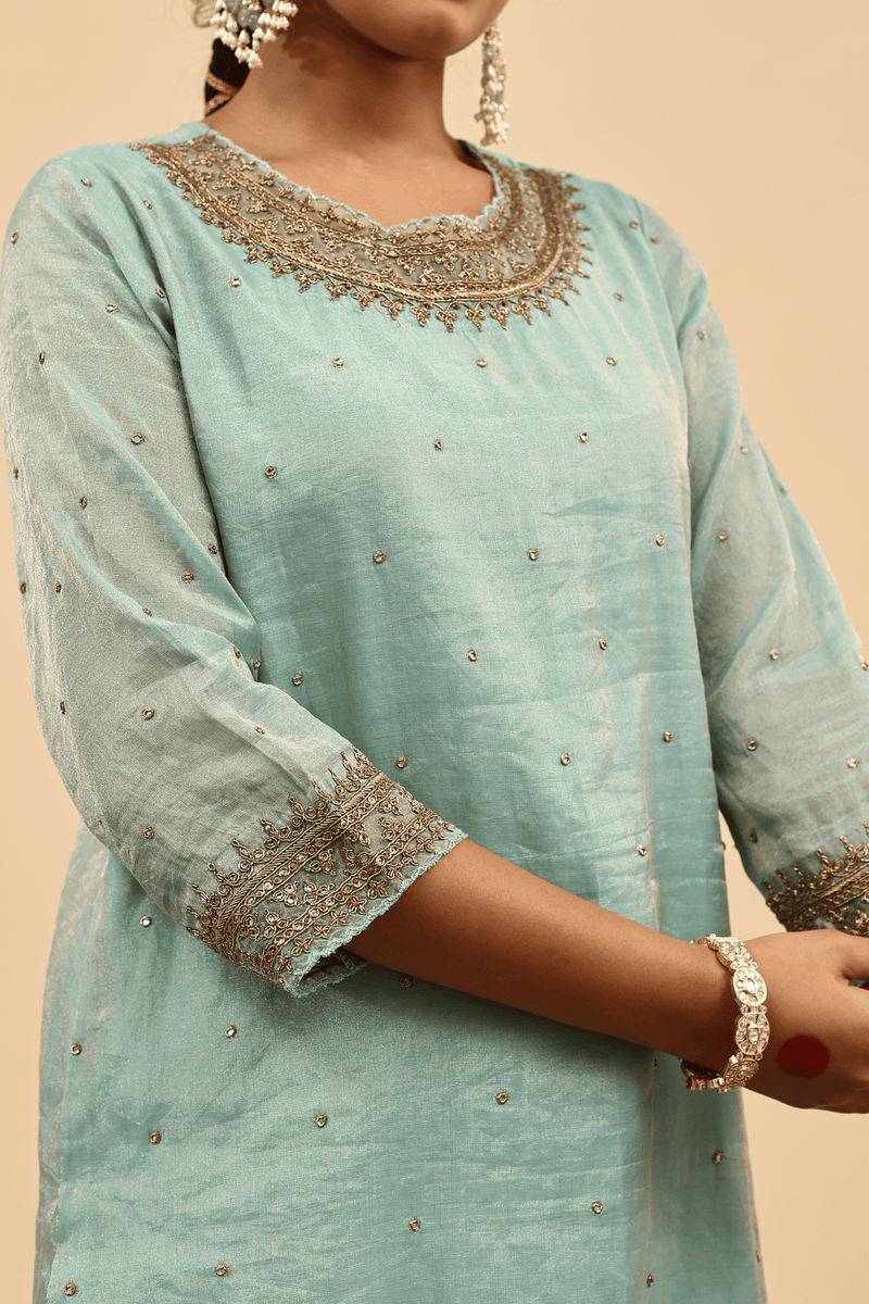 Organza Tissue Hand Work Kurta - Blue