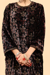 Velvet Ajrakh Print Hand Work Kurta - Black