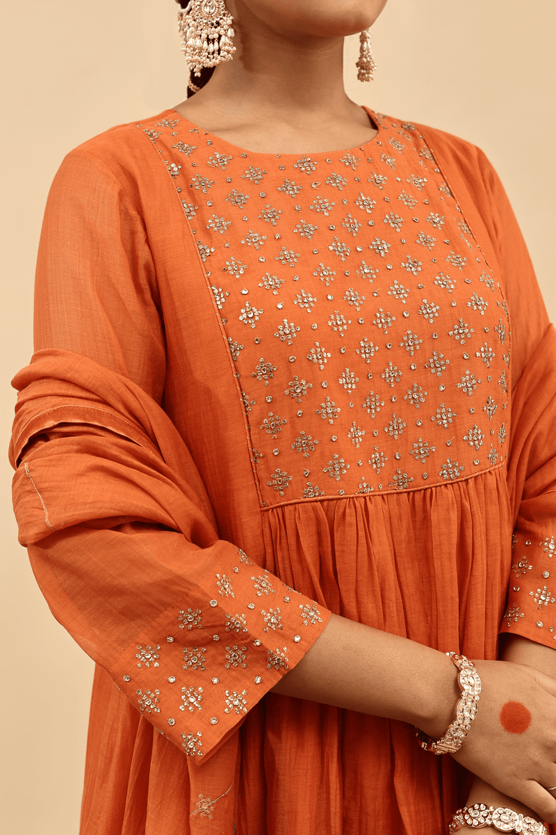 Chanderi Hand Work Kurta - Orange