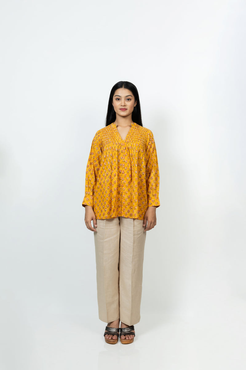 Cotton Hand Block Printed Top- Yellow