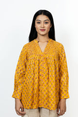 Cotton Hand Block Printed Top- Yellow