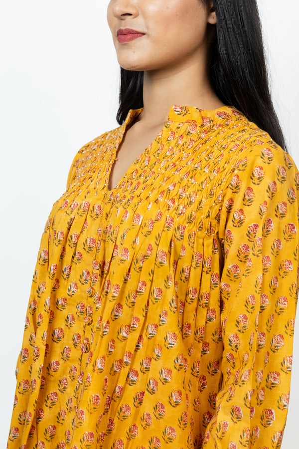 Cotton Hand Block Printed Top- Yellow