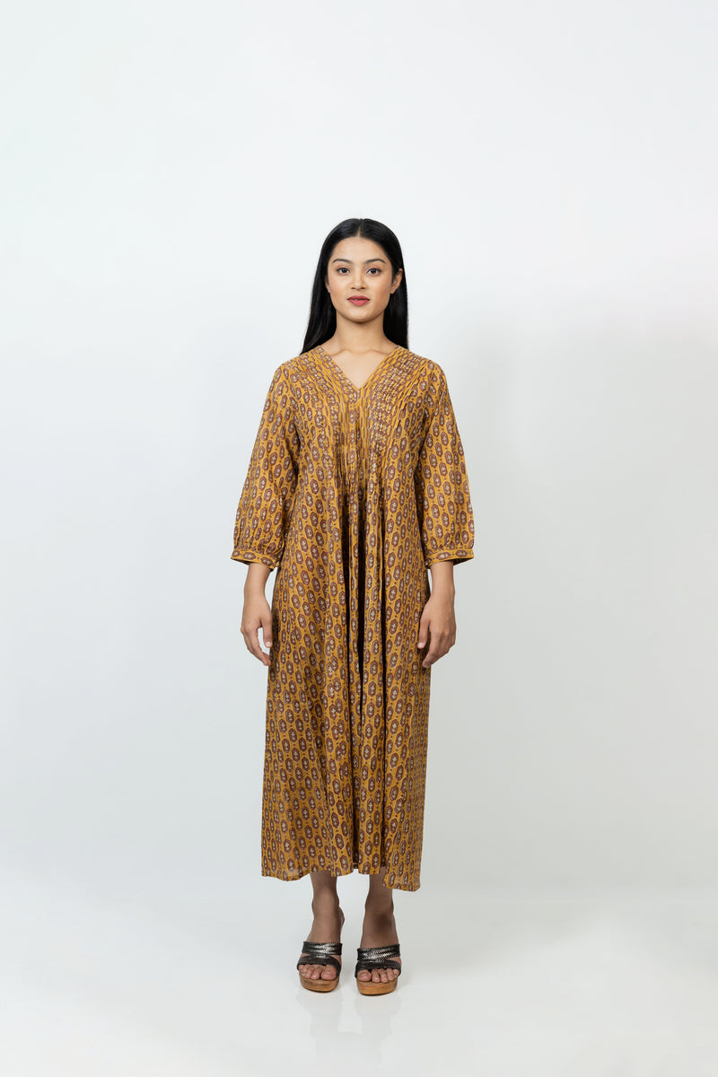 Cotton Hand Block Printed Dress - Yellow