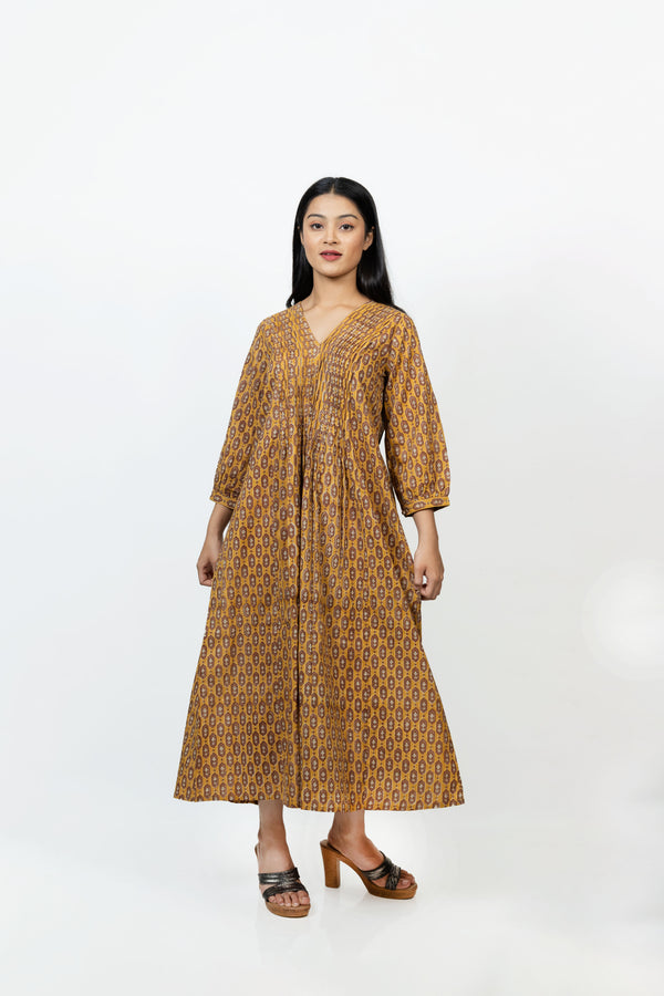 Cotton Hand Block Printed Dress - Yellow