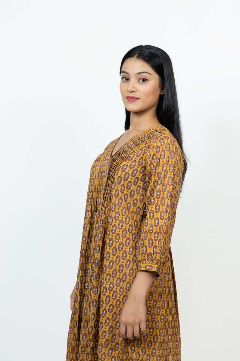 Cotton Hand Block Printed Dress - Yellow