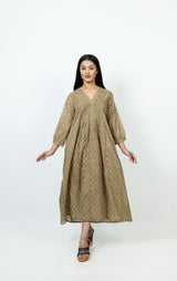 Cotton Hand Block Printed Dress - Beige