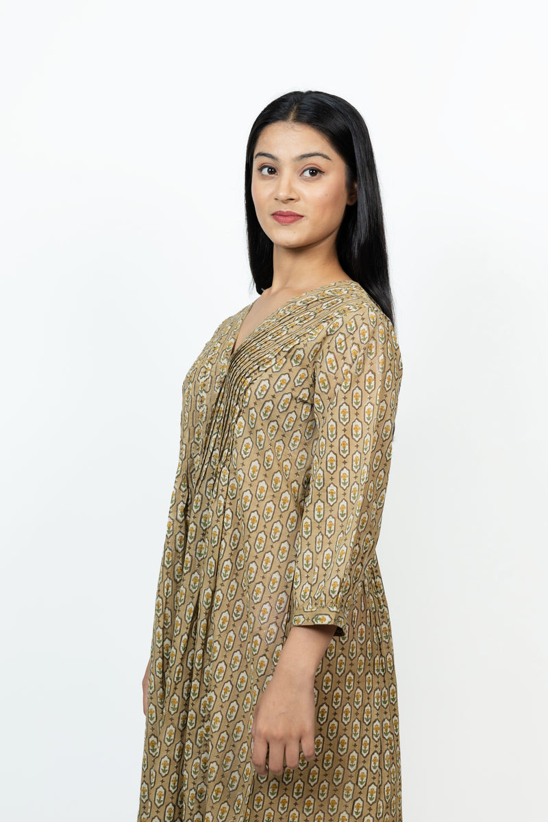 Cotton Hand Block Printed Dress - Beige