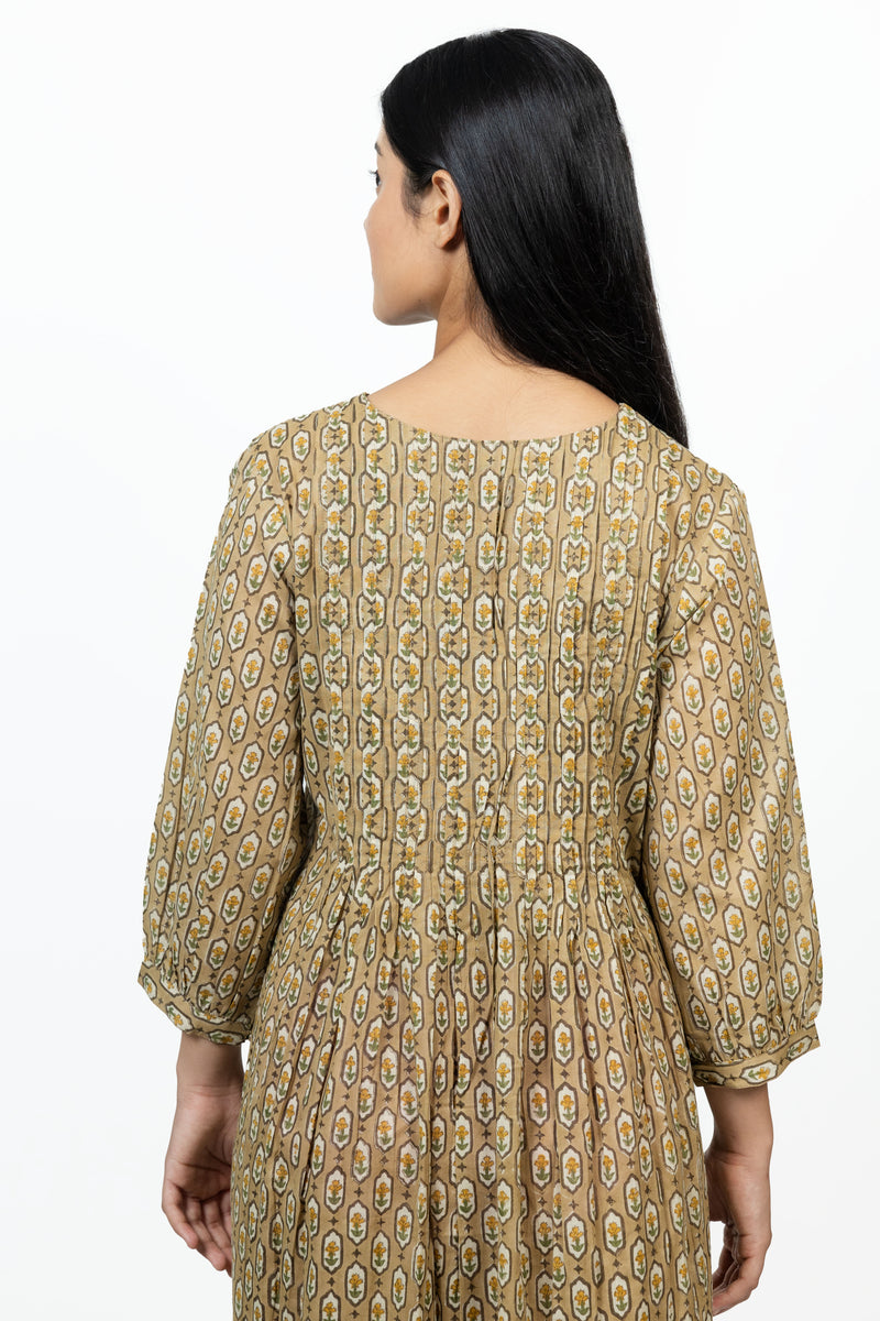 Cotton Hand Block Printed Dress - Beige