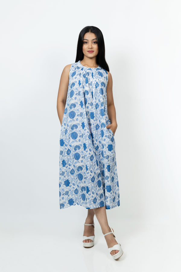 Cotton Hand Block Printed Dress - Blue