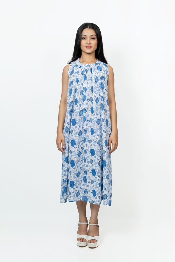 Cotton Hand Block Printed Dress - Blue