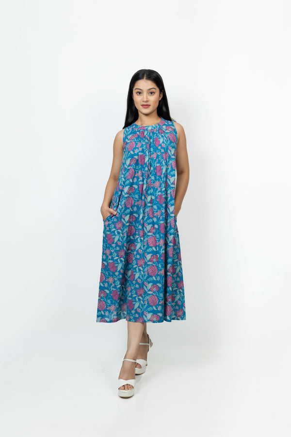 Cotton Hand Block Printed Dress - Blue