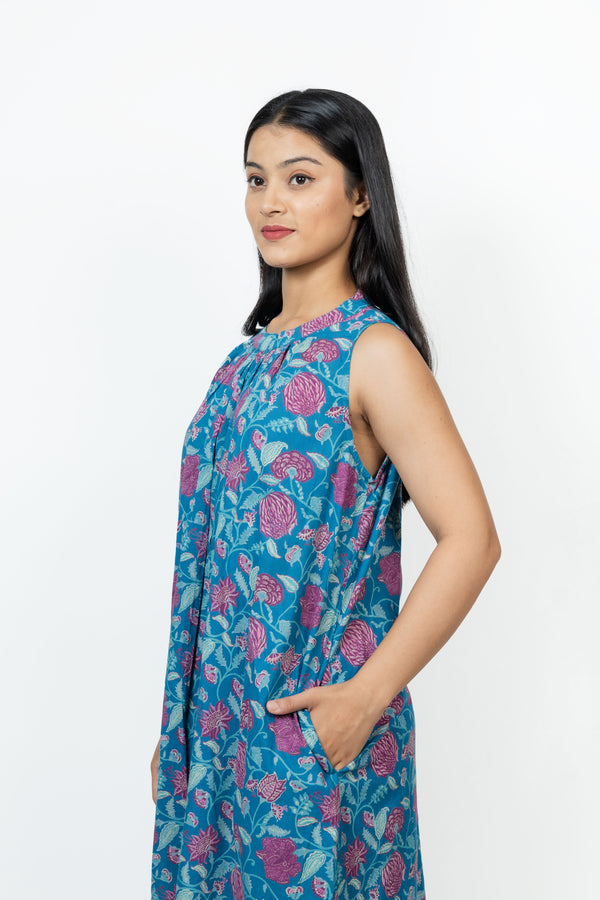 Cotton Hand Block Printed Dress - Blue