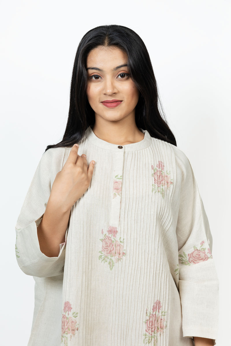 Cotton Hand Block Printed Kaftan - Offwhite