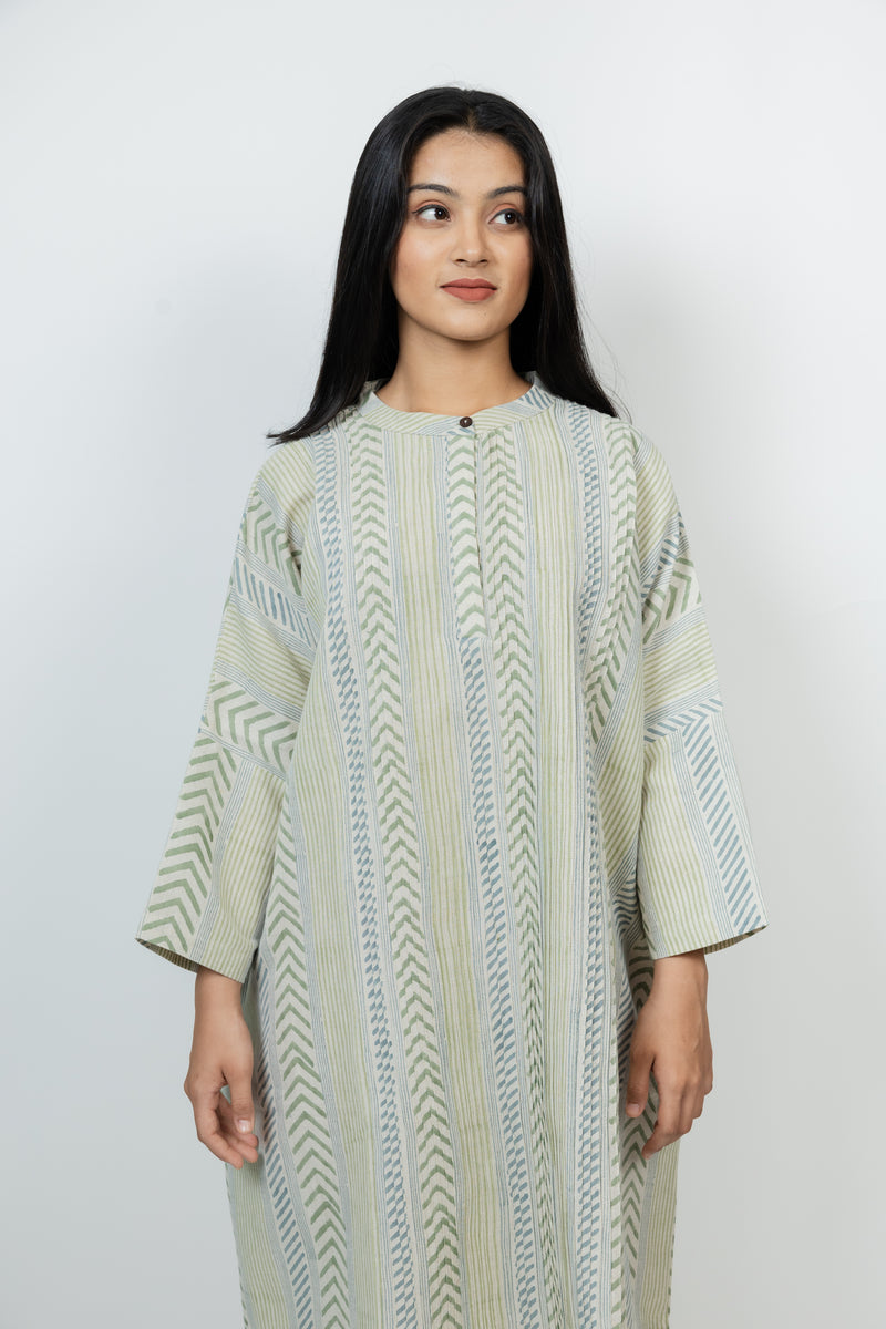 Cotton Hand Block Printed Kaftan - Offwhite