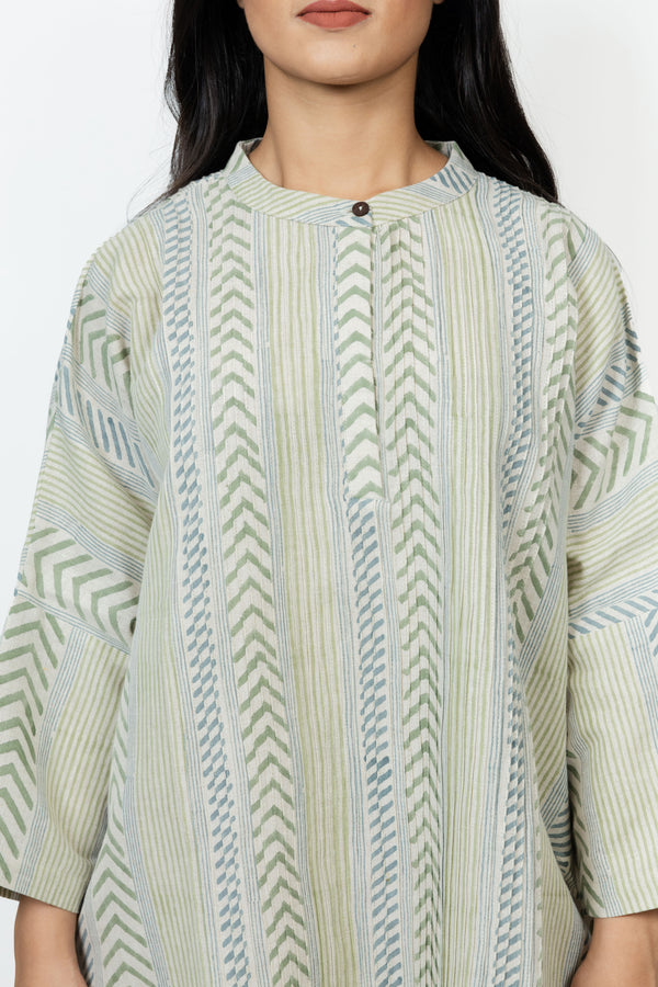 Cotton Hand Block Printed Kaftan - Offwhite